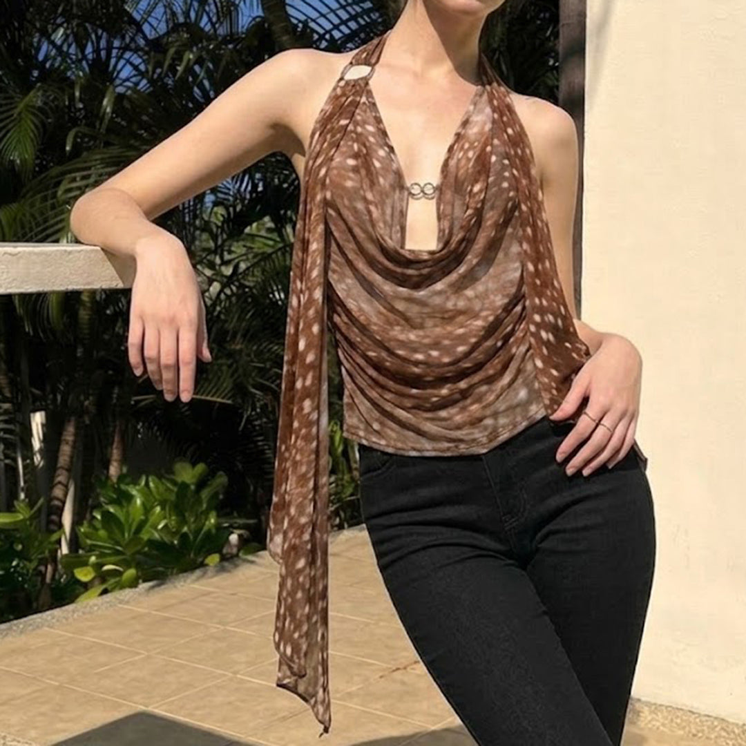 Damen Schicke Halterneck Bluse mit Drapierung EB