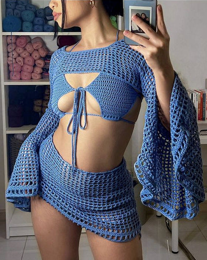 Damen gehäkeltes Strandoutfit mit verspielten Rüschendetails EB
