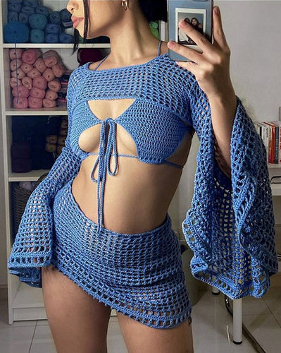 Damen gehäkeltes Strandoutfit mit verspielten Rüschendetails EB