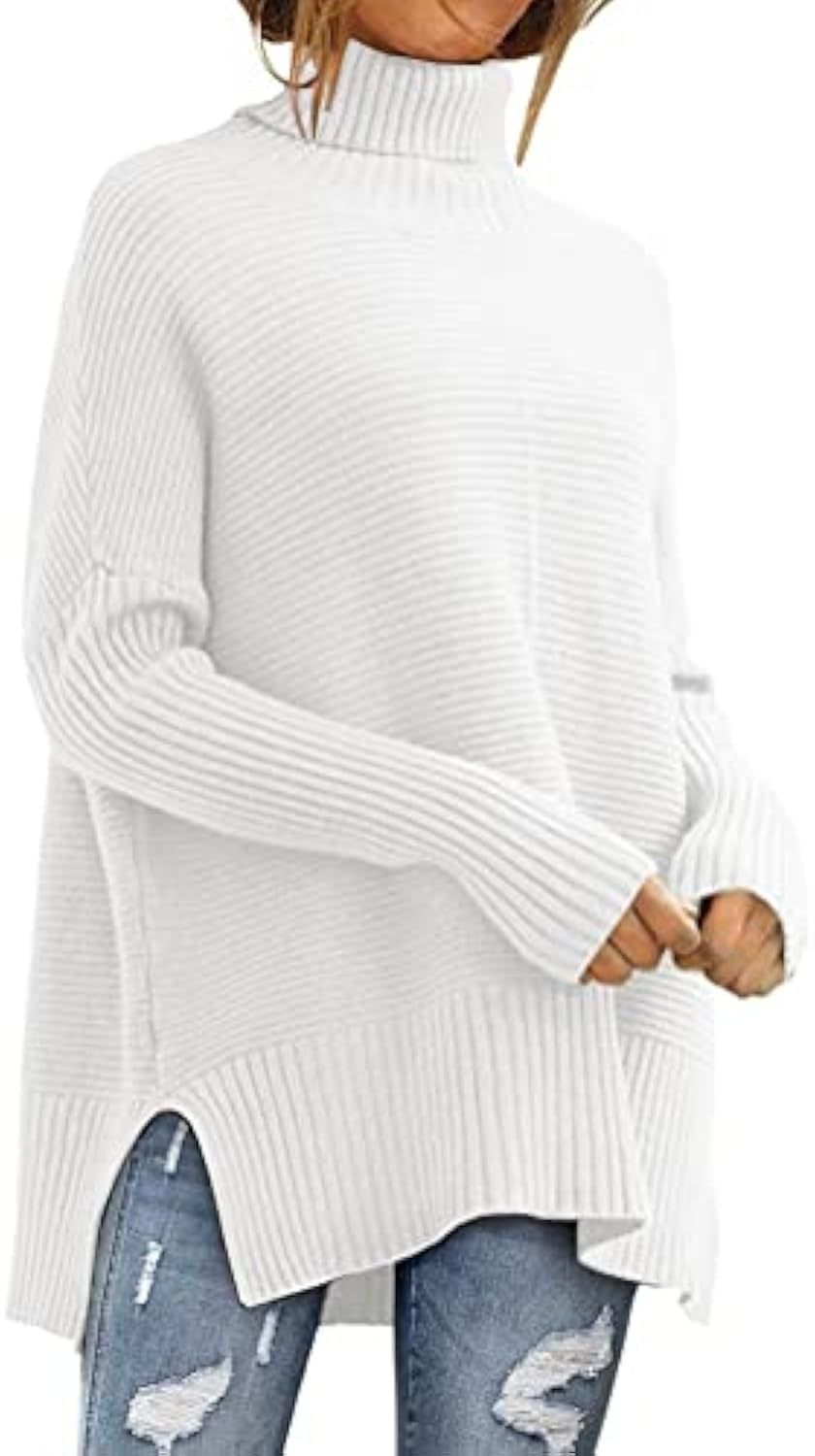 Damen Oversize-Rippenstrick Rollkragenpullover mit Seitenschlitzen und verlängertem Saum EB