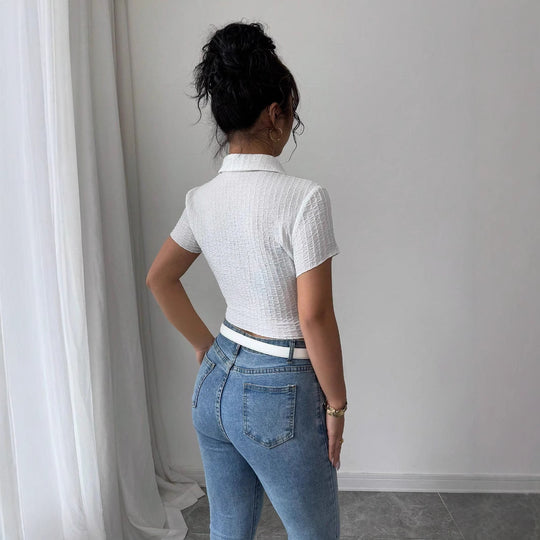 Damen nan taillierte bauchfreie Kurzbluse mit Kreppstruktur Hemdkragen und Knopfleiste EB