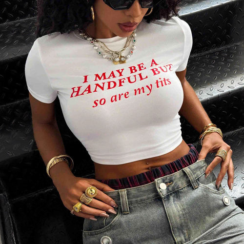 Damen Crop-T-Shirt mit kreativem schriftlichem Design und figurbetontem Schnitt EB