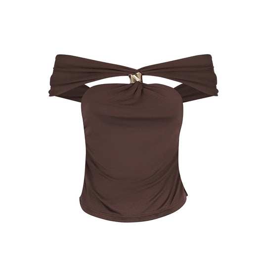 Damen trendy Off-Shoulder Bluse mit akzentuiertem Knoten und elegantem Detail EB