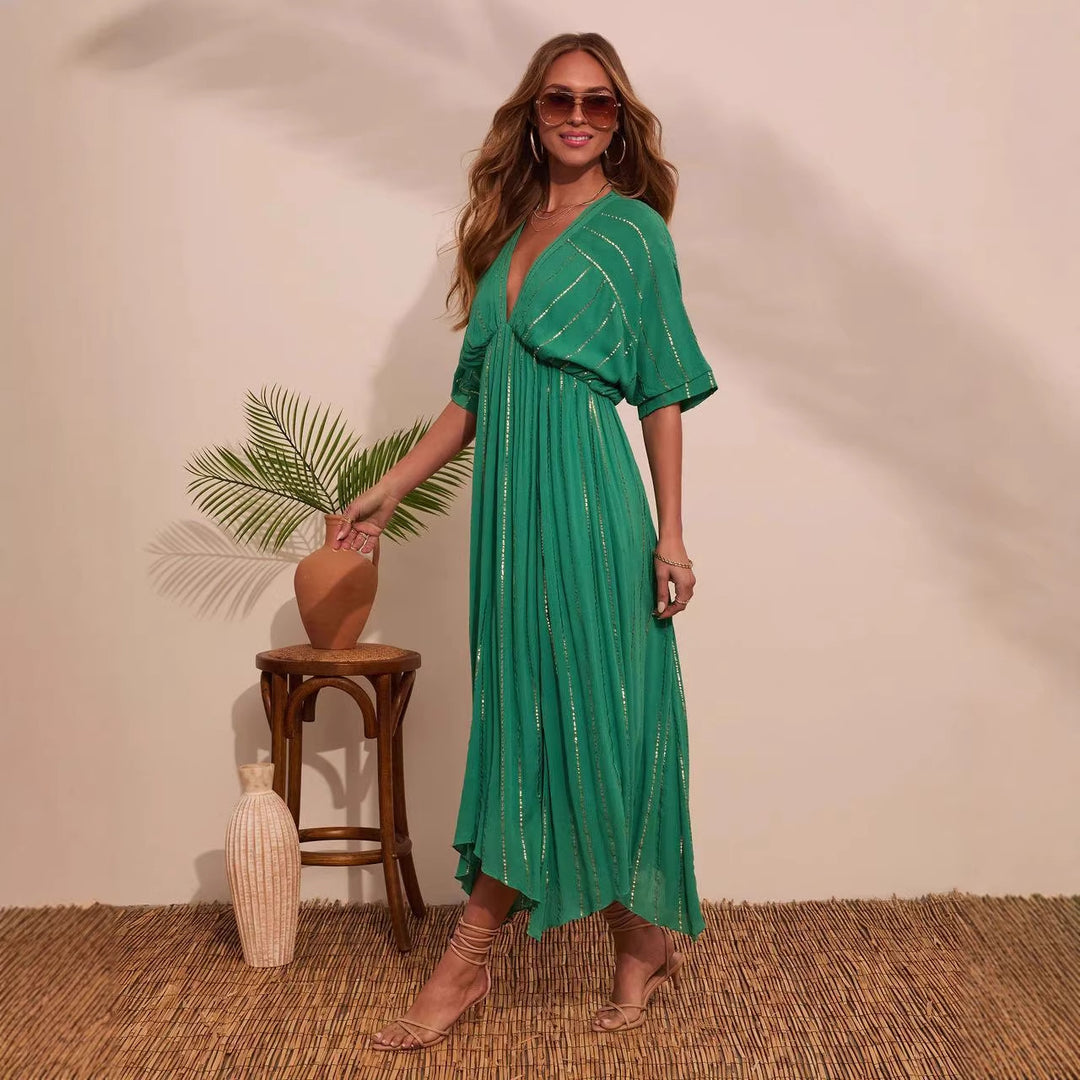 Damen Maxi-Kleid mit hochgeschlossenem V-Ausschnitt und fließendem Faltenwurf EB