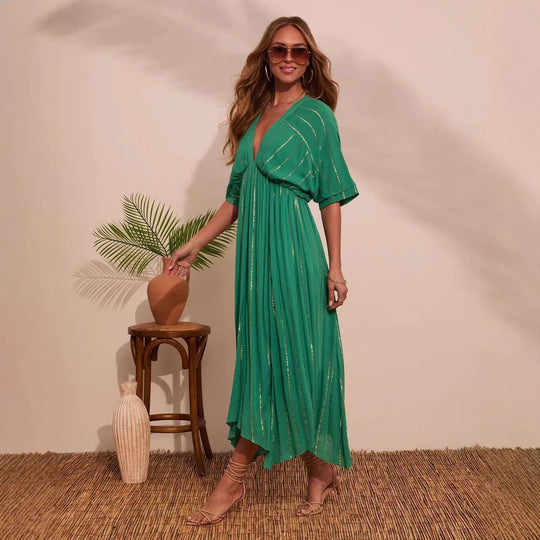Damen Maxi-Kleid mit hochgeschlossenem V-Ausschnitt und fließendem Faltenwurf EB