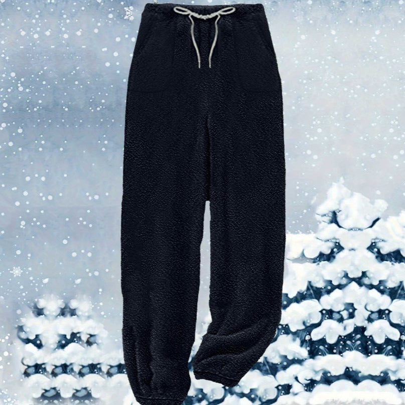Damen nan kuschelige Sherpa-Fleece Loungehose mit Kordelzug, hoher Taille und elastischen Bündchen EB