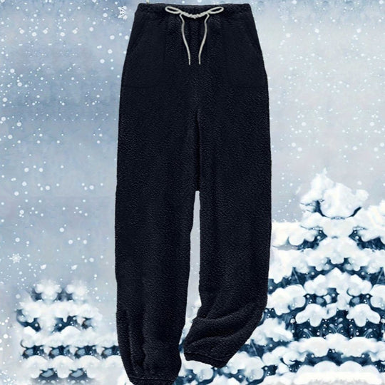 Damen nan kuschelige Sherpa-Fleece Loungehose mit Kordelzug, hoher Taille und elastischen Bündchen EB