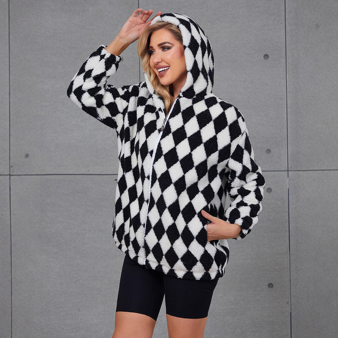 Damen Flauschige Jacke mit Karomuster und Kapuze EB