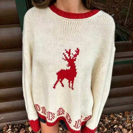 Damen Oversize Strickpullover mit Hirschintarsie, Rundhalsausschnitt und Norwegerbündchen EB