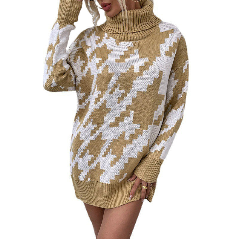 Damen Oversized Pullover mit Hohem Kragen und Modernem Muster EB