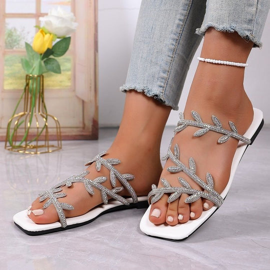 Damen dekorative Zehentrenner-Sandalen mit funkelndem Blattmuster EB