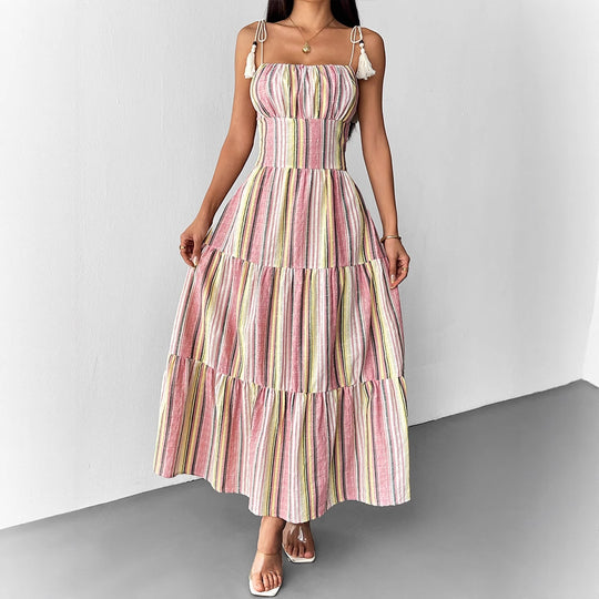 Damen Maxikleid mit maritimem Streifenmuster und raffinierten Trägerdetails EB