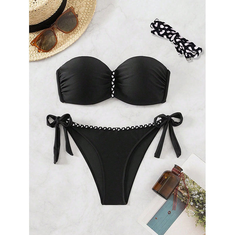 Damen Bandeau Bikini-Set mit raffinierten Rüschendetails und verstellbaren Bindebändern EB