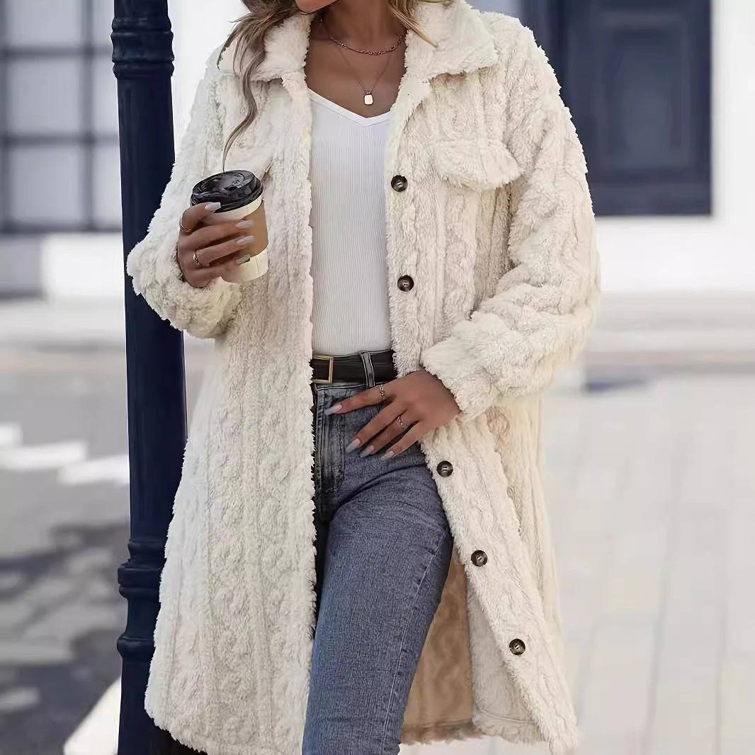 Damen nan langer Teddy-Mantel mit Schalkragen und aufgesetzten Brusttaschen EB