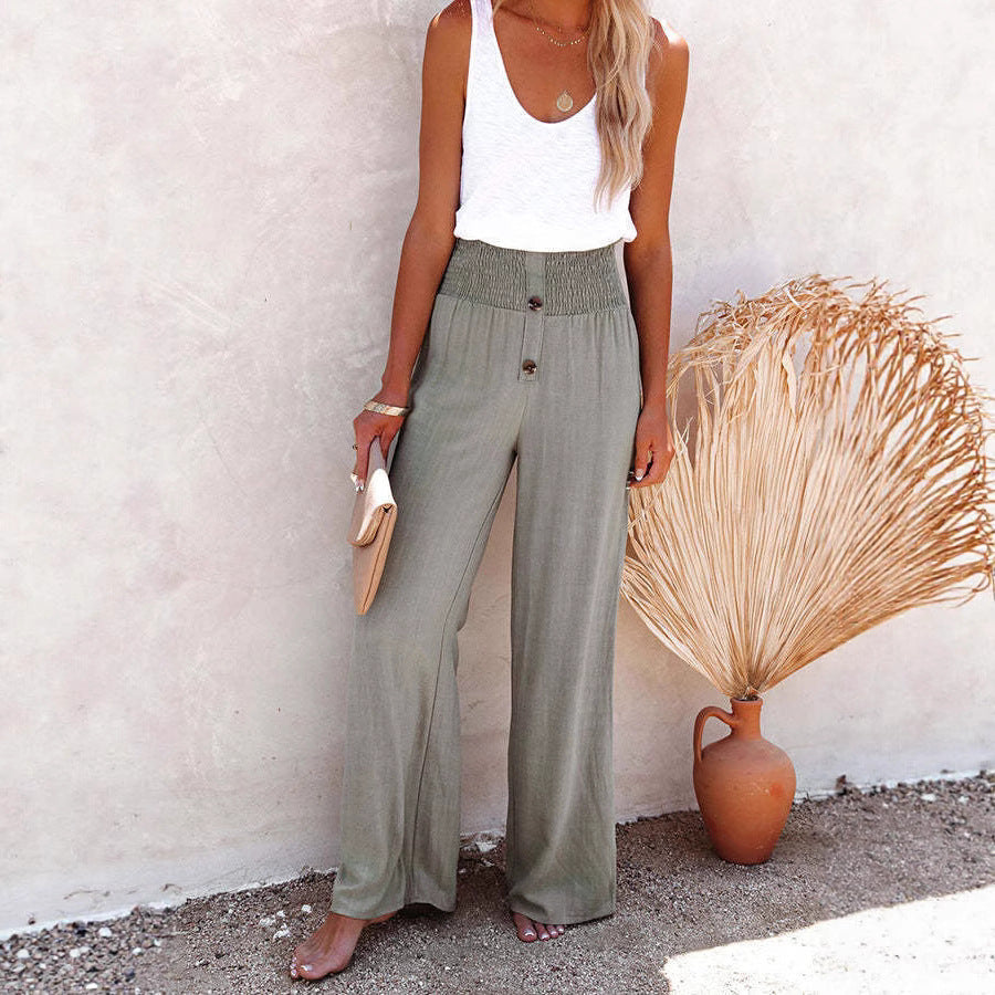 Damen Weitgeschnittene High-Waist Hose mit dekorativem Knopfdetail und elastischem Bund EB