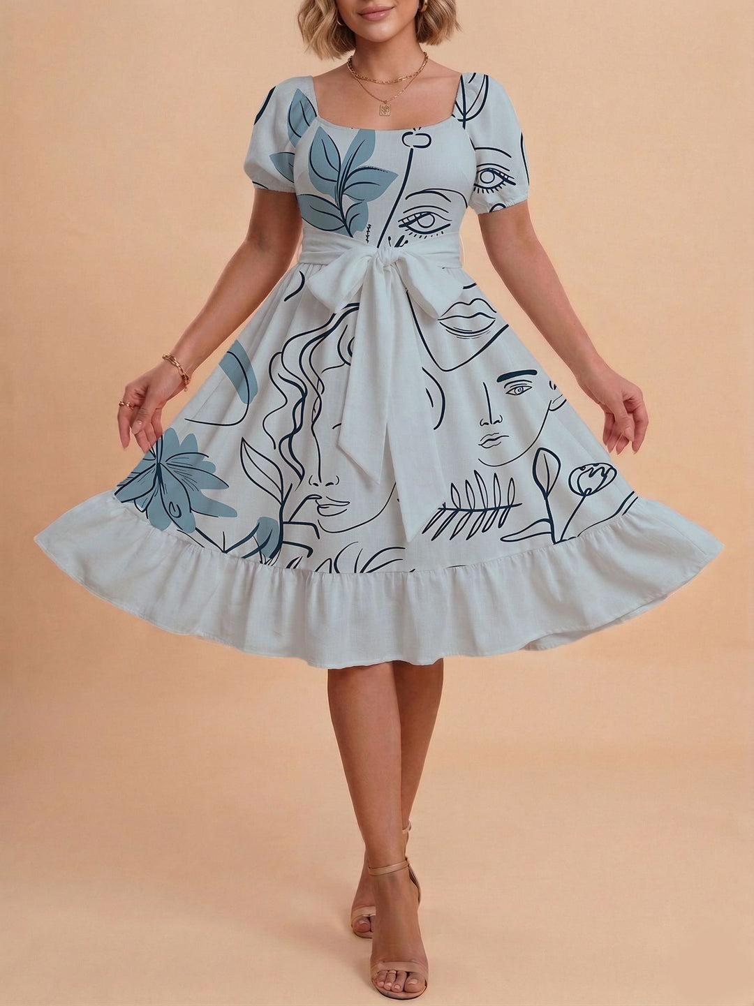 Damen Retro Maxikleid mit Puffärmeln und Taillengürtel EB