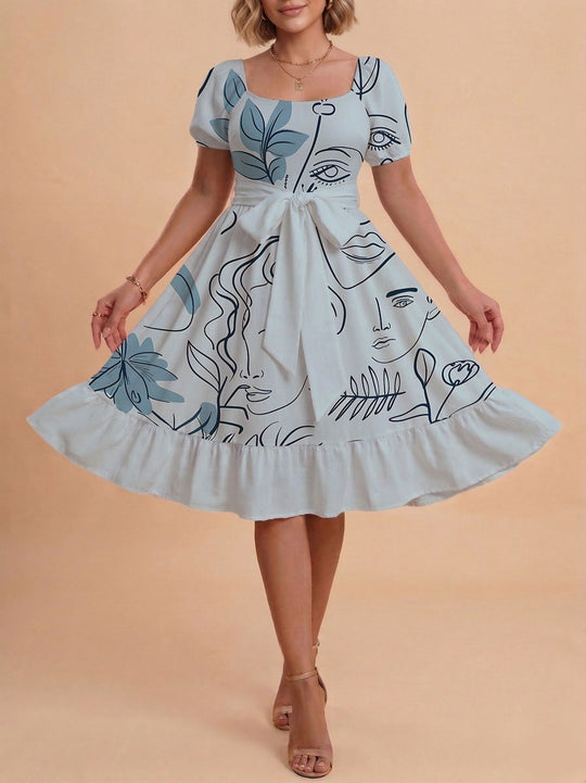 Damen Retro Maxikleid mit Puffärmeln und Taillengürtel EB