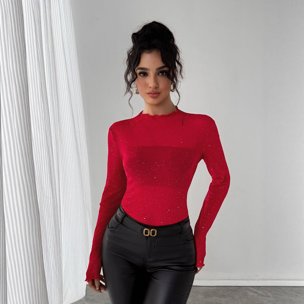 Damen Eleganter Bodysuit mit funkelnden Details und Rüschenkragen EB