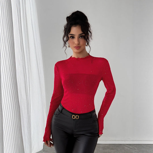 Damen Eleganter Bodysuit mit funkelnden Details und Rüschenkragen EB