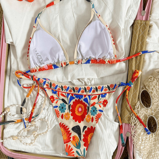 Damen Triangel-Bikini mit floralen Mustern und hochwertigen Bindebändern EB