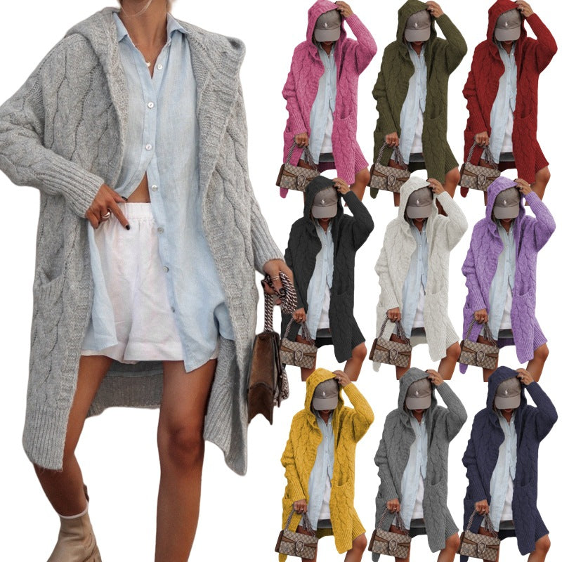 Damen Grobstrick-Cardigan mit offenem Schnitt und Kapuze EB