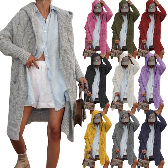 Damen Grobstrick-Cardigan mit offenem Schnitt und Kapuze EB