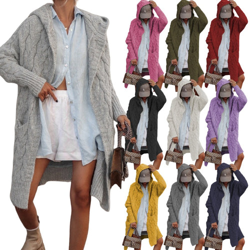 Damen Grobstrick-Cardigan mit offenem Schnitt und Kapuze EB
