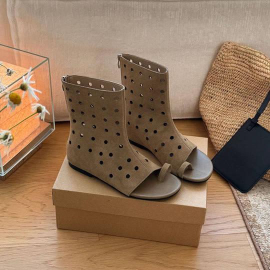 Damen Offene Stiefel mit perforiertem Design und elastischem Riemen EB