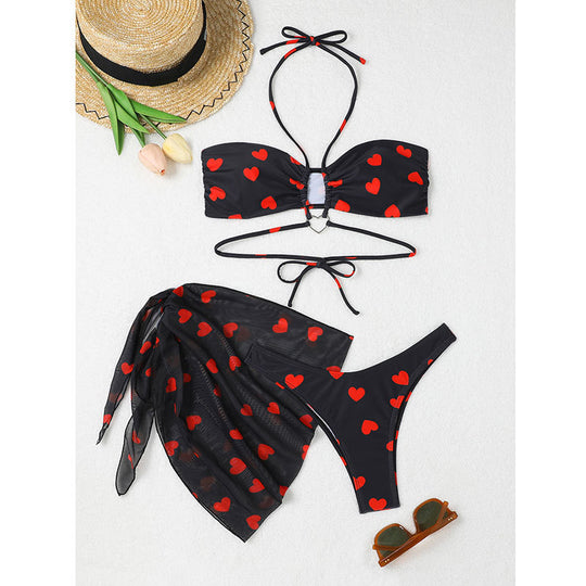 Damen Bikini-Set mit verspieltem Herzmotiv und transparentem Wickelrock EB
