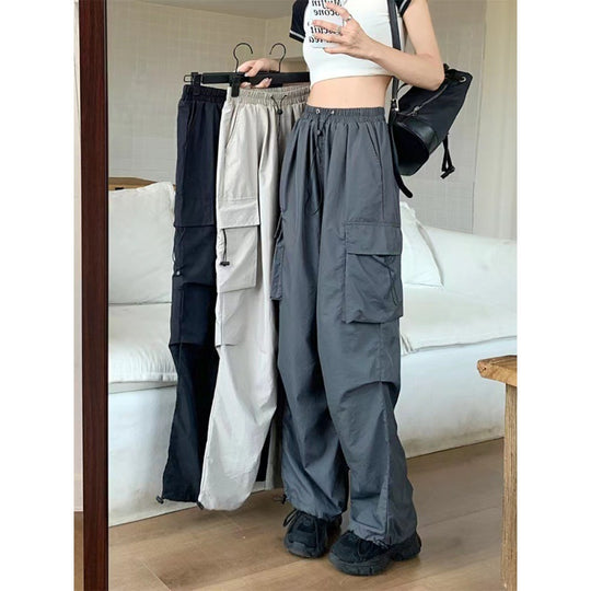 Damen nan Cargo-Hose mit hoher Taille, Elastikbund, großen Klappentaschen und Kordelzug EB