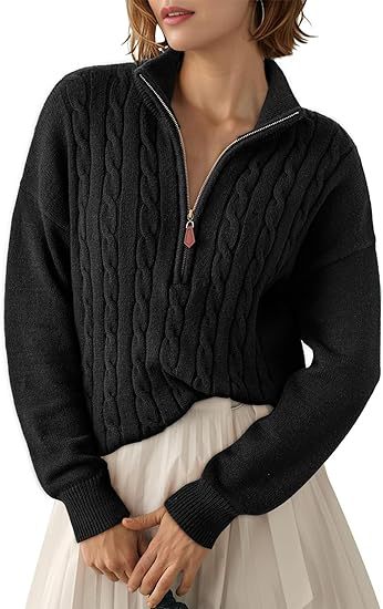Damen Grobstrick Pullover mit Stehkragen und halbem Reißverschluss EB