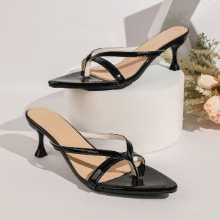 Damen elegante Slide-Sandalen mit zarten Riemen und komfortablem Absatz EB