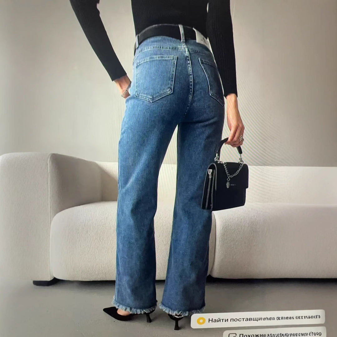 Damen Hochgeschnittene weite Jeanshose im Vintage-Style mit authentischem Used-Look EB