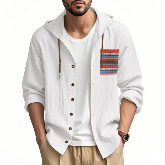 Herren nan leichte Kapuzenhemdjacke aus strukturierter Baumwollmischung mit Ethno‑Brusttasche und Knopfleiste EB
