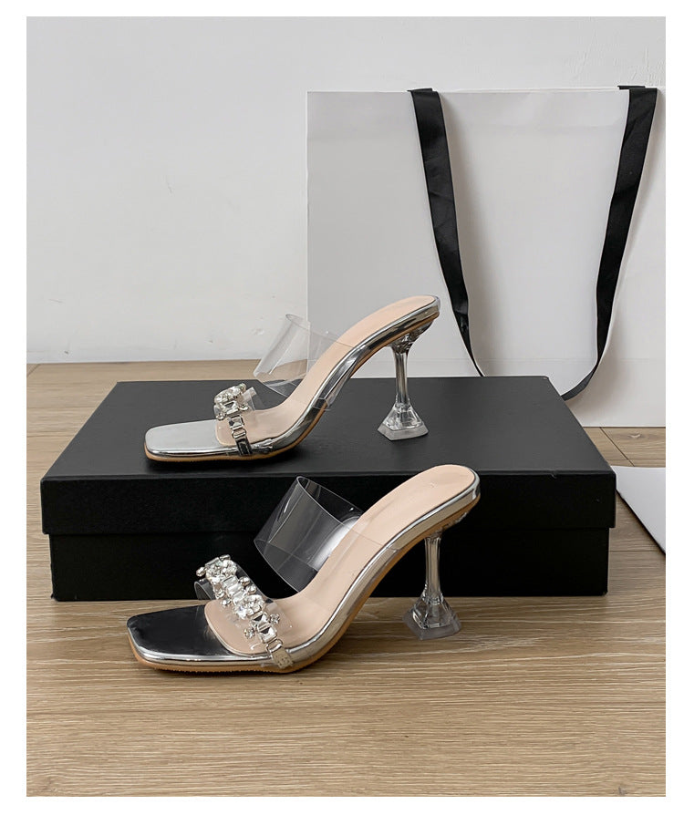 Damen elegante transparente High Heels mit funkelnden Strass-Applikationen EB