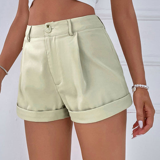 Damen elegante Kurzshorts mit hohem Bund und umgeschlagenem Saum EB