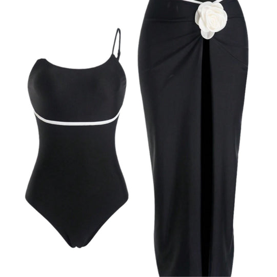 Damen Einteiler Badeanzug mit elegantem Rock und verspielten Blütendetails EB