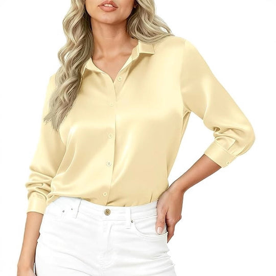Damen Seidiges Satin-Blusenshirt mit Hemdkragen und dreiviertel Ärmeln EB
