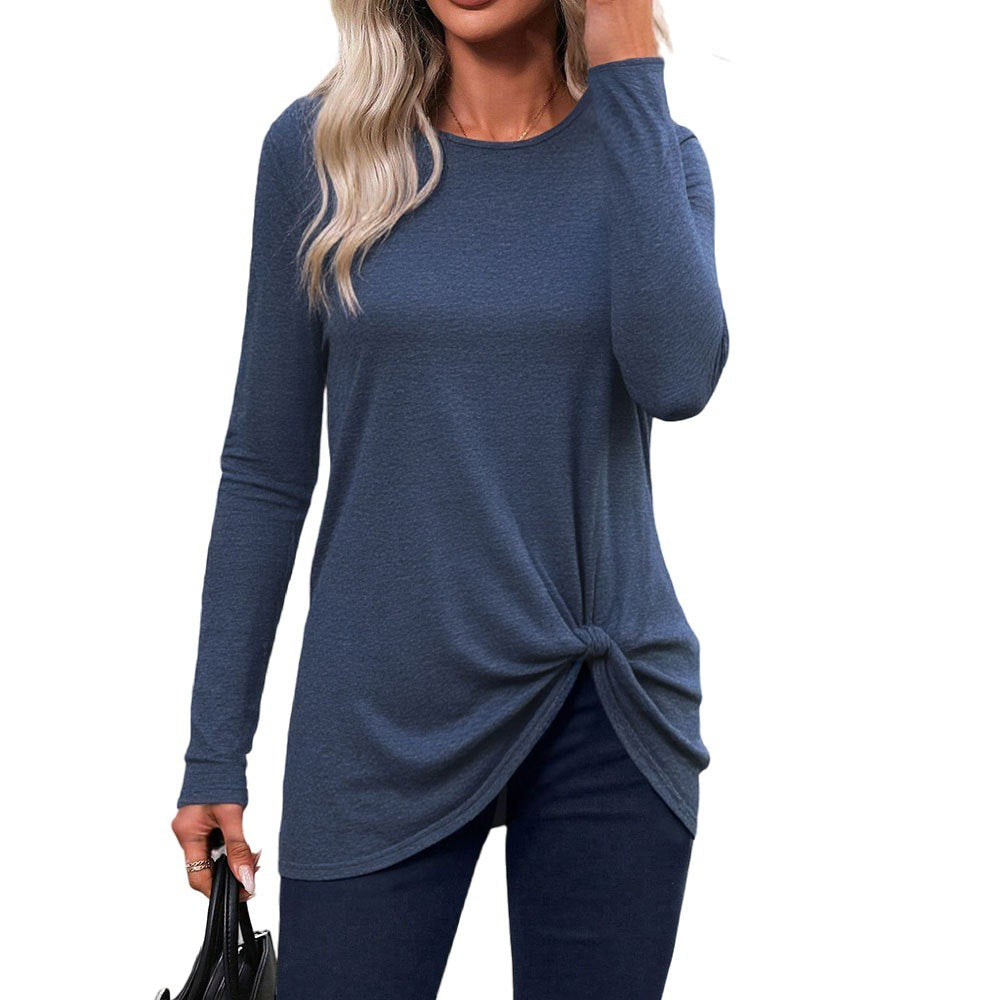 Damen langes Knotenshirt mit Rundhalsausschnitt Twist-Knoten vorne und Longline-Schnitt Eichborn Berlin