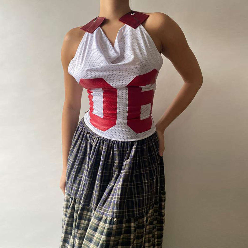Damen Sportliches Netzoberteil mit asymmetrischem Design und dekorativen Schnürungen EB