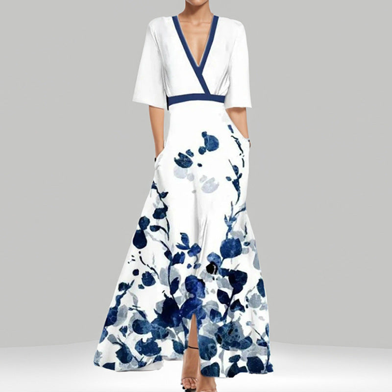 Damen Maxikleid mit Wickeloberteil, Taillengürtel und fließendem Satinrock EB
