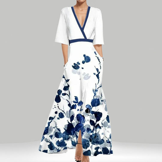 Damen Maxikleid mit Wickeloberteil, Taillengürtel und fließendem Satinrock EB