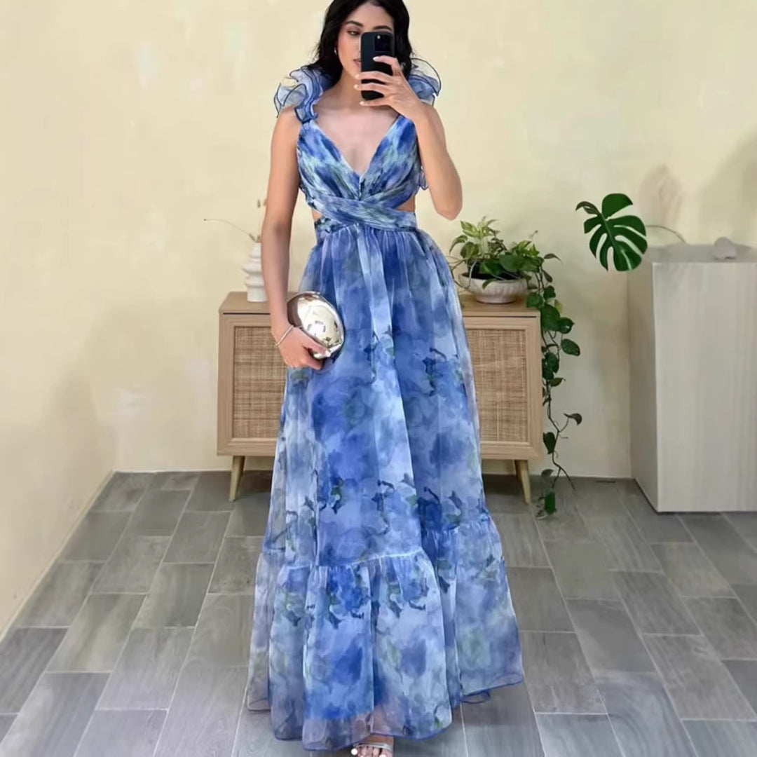Damen Maxikleid im romantischen Vintage-Stil mit fließendem Rock und Rüschendetails EB