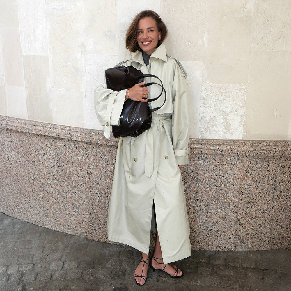 Damen Modischer Trenchcoat mit breitem Gürtel und weiten Ärmeln EB