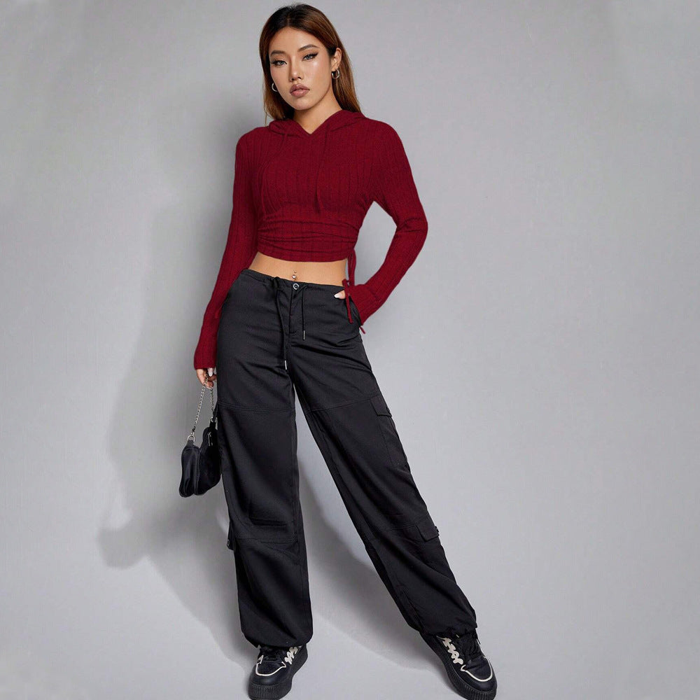 Damen geripptes Crop-Hoodie mit Tunnelzugseitennähten, figurbetonter Silhouette und langen Ärmeln Eichborn Berlin