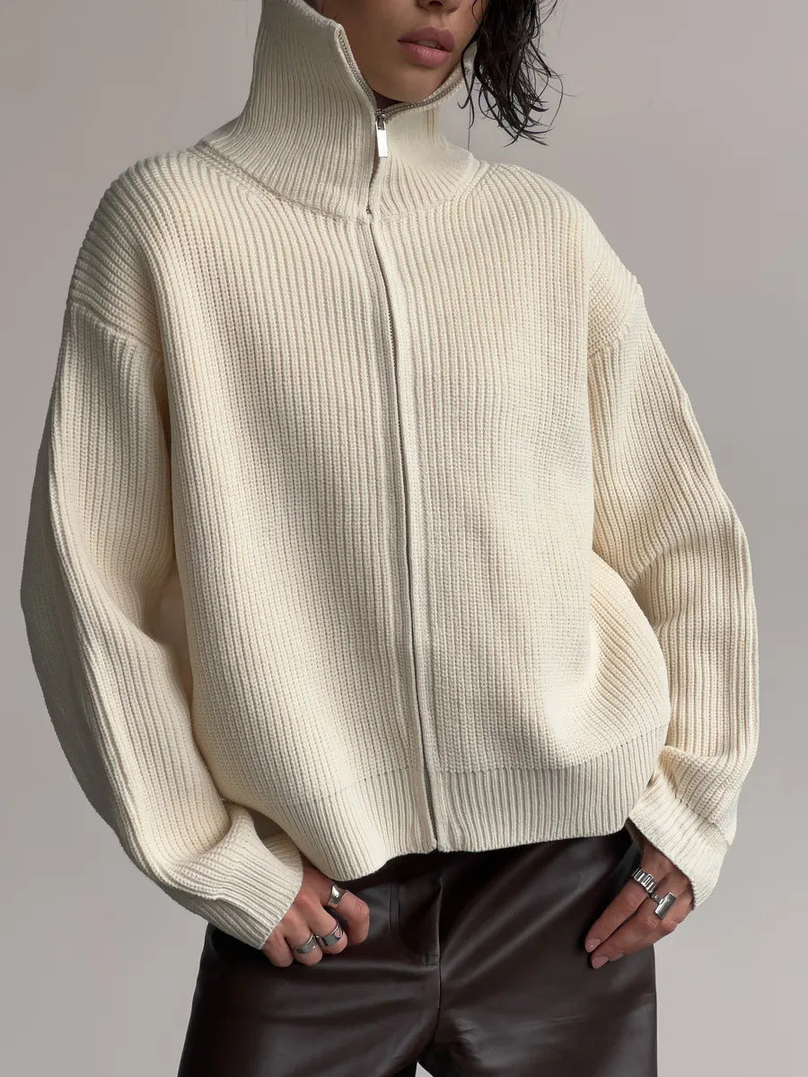 Damen Pullover mit hochschließendem Reißverschluss und strukturiertem Maschenmuster EB