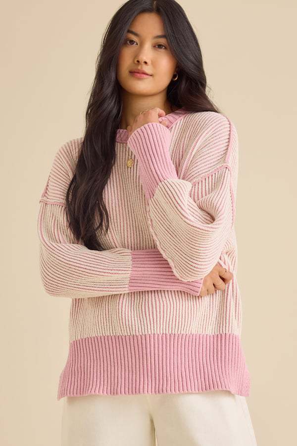 Damen lässiger Strickpullover mit modernem Rippenmuster und überschnittenen Schultern EB