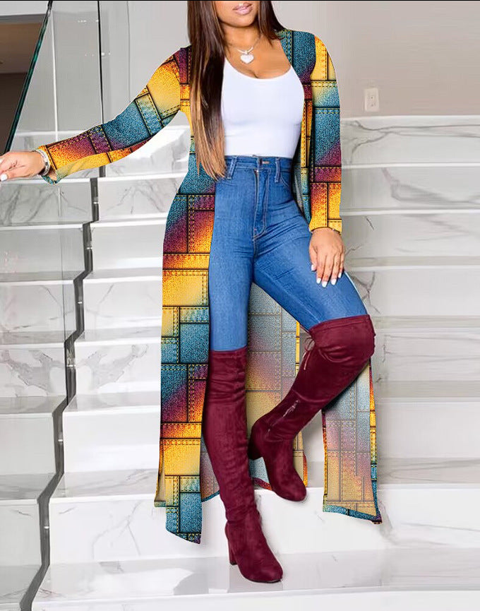 Damen Lange Strickjacke mit modernem grafischem Muster EB