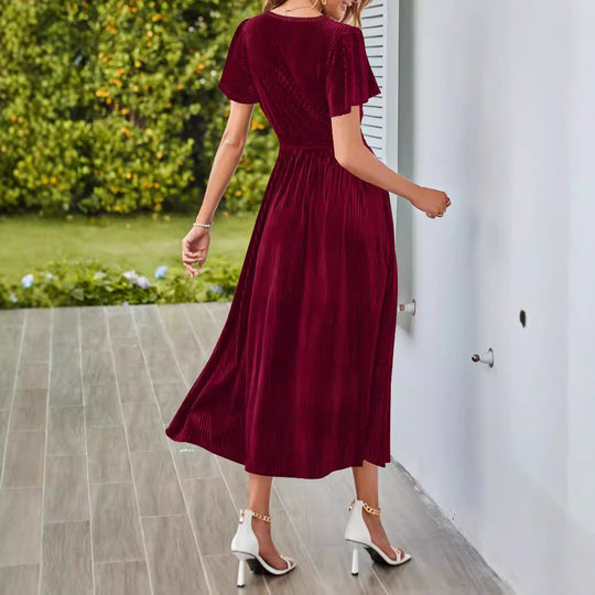 Damen Midikleid mit V-Ausschnitt und voluminösen Ärmeln EB