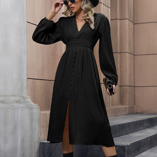 Damen elegantes Midikleid mit tiefer V-Ausschnitt und durchgehenden Knopfdetails EB